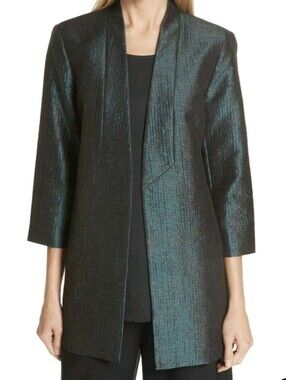 Eileen Fisher Blazer Pine Infinity Shawl Jacket Dar Green Shimmer Jacquard Sz Xl